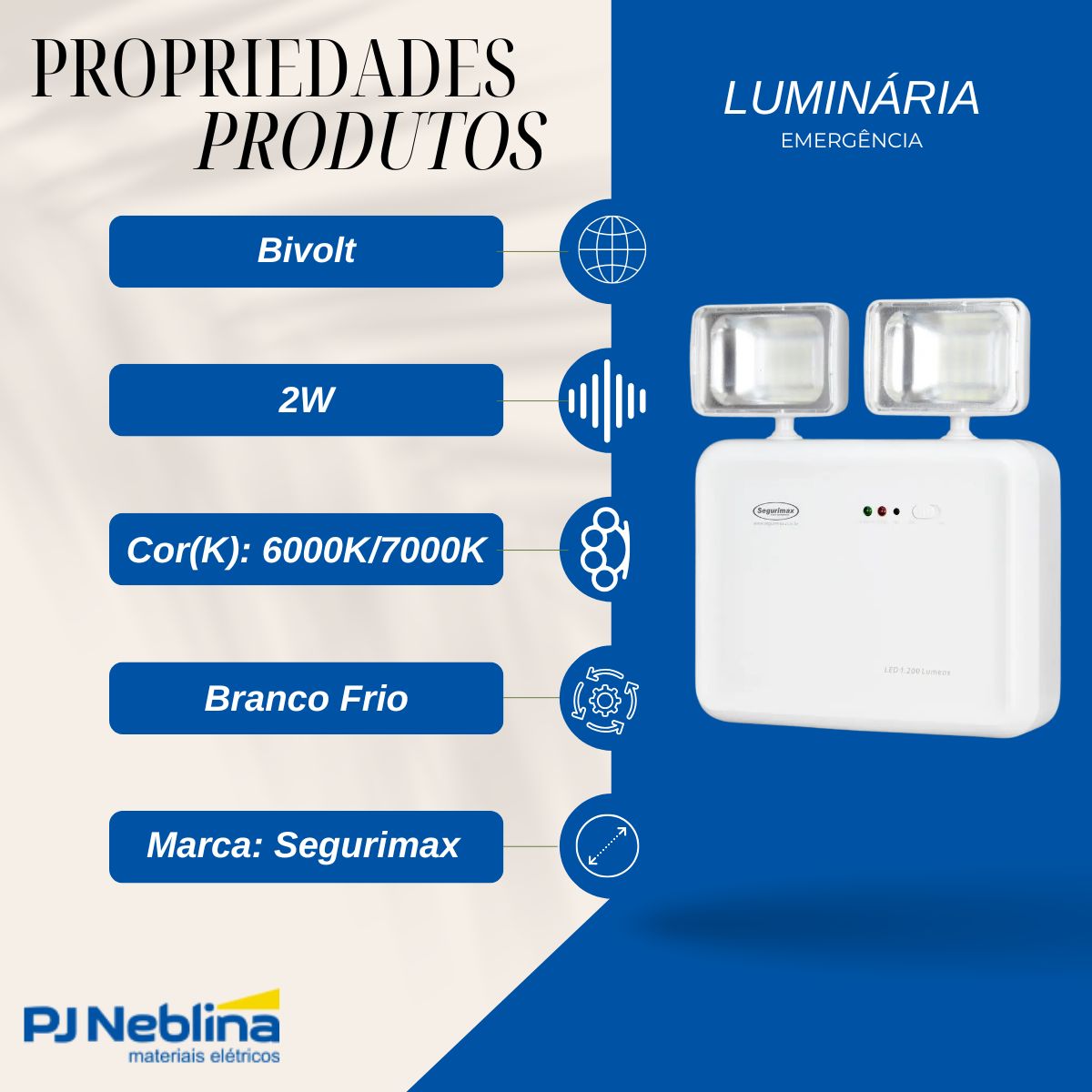 Luminária Emergência Led 2 Faróis Sobrepor 2W Bivolt C/24 Leds 6000K/7000K Branco Frio 1200Lm 3H Ip65 - Segurimax