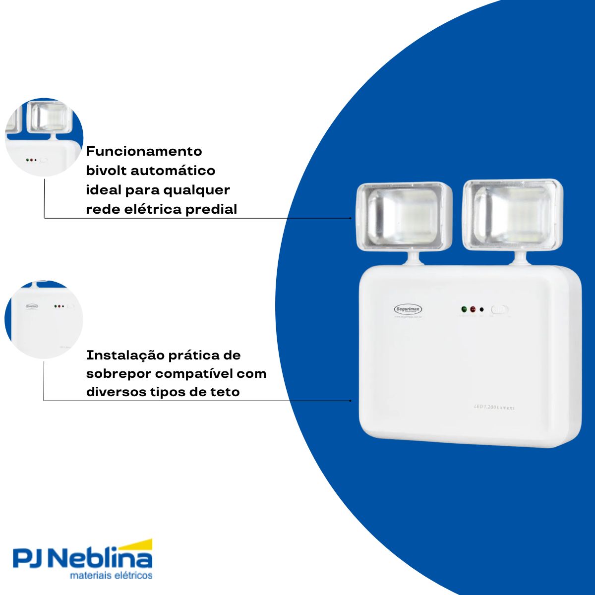 Luminária Emergência Led 2 Faróis Sobrepor 2W Bivolt C/24 Leds 6000K/7000K Branco Frio 1200Lm 3H Ip65 - Segurimax