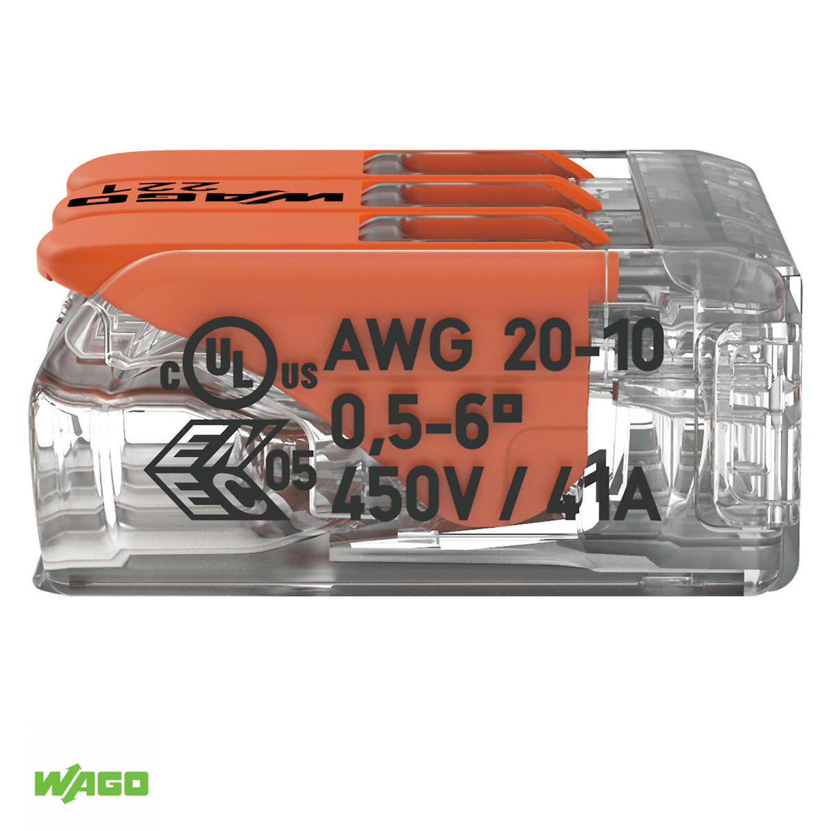 Conector Elétrico Emenda Rápido Poliamida Laranja/Transparente 3 Polos 6,00Mm 41A 221-613 - Wago