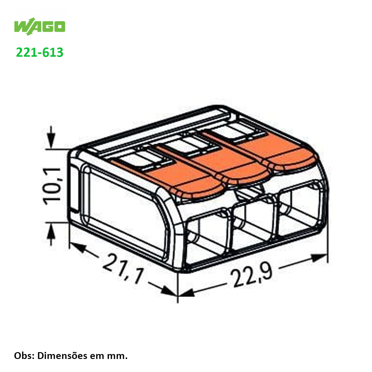 Conector Elétrico Emenda Rápido Poliamida Laranja/Transparente 3 Polos 6,00Mm 41A 221-613 - Wago