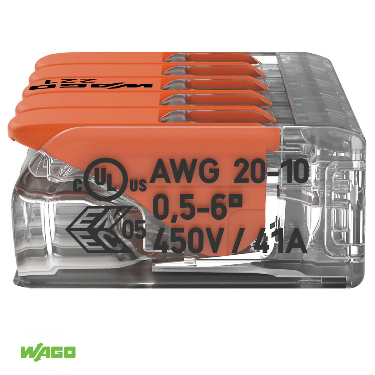 Conector Elétrico Emenda Rápido Poliamida Laranja/Transparente 5 Polos 6,00Mm 221-615 - Wago