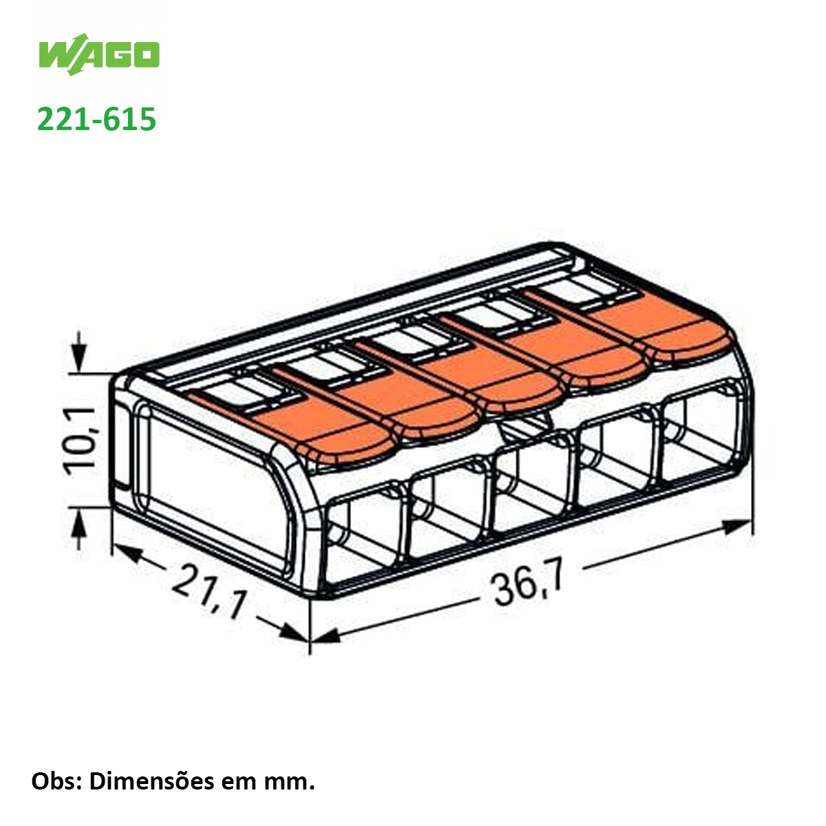 Conector Elétrico Emenda Rápido Poliamida Laranja/Transparente 5 Polos 6,00Mm 221-615 - Wago