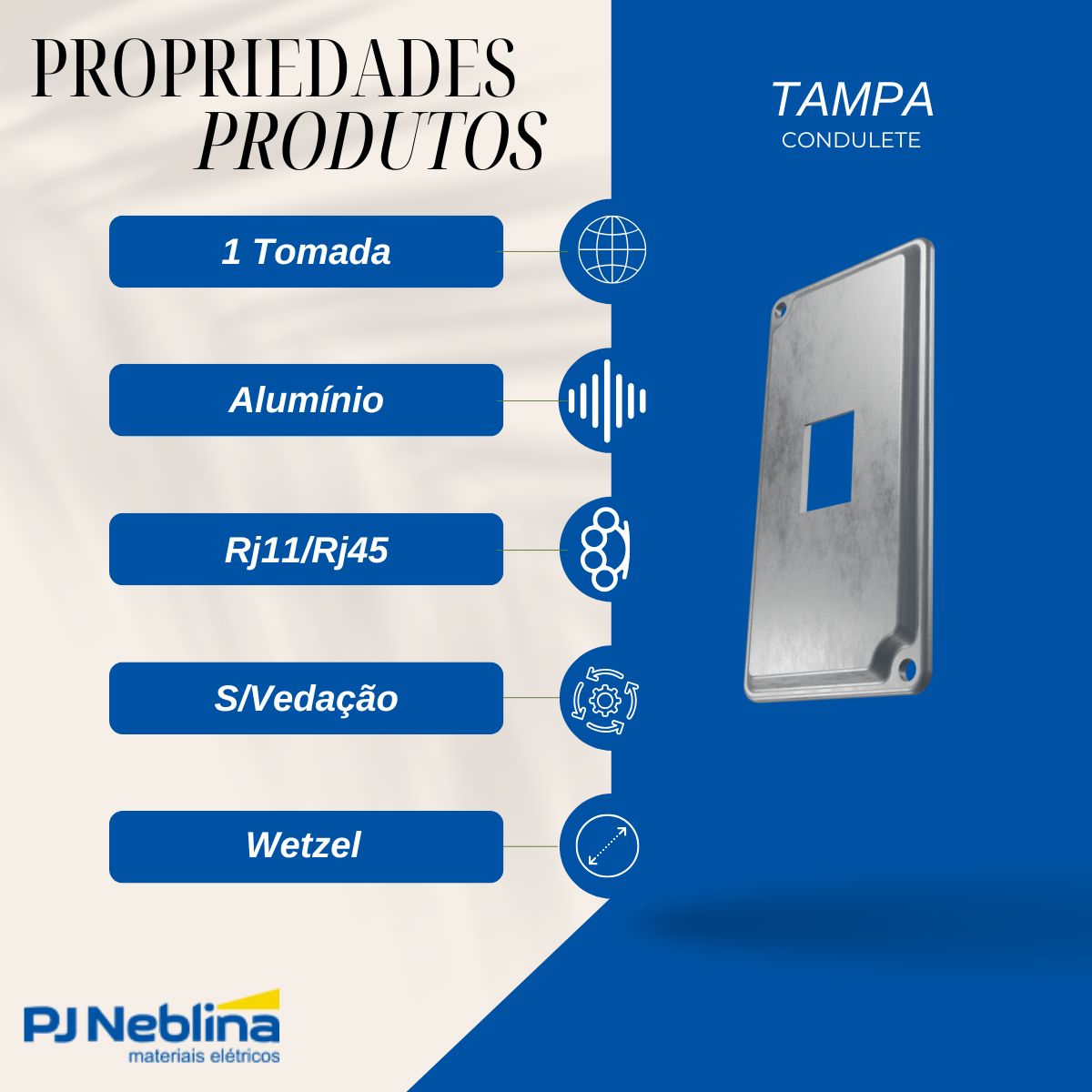 Tampa Condulete 1 Tom Rj11/Rj45 Alumínio 1Pol S/Pintura S/Vedação - Wetzel