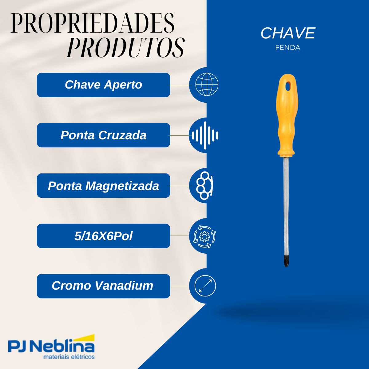 Chave Fenda Ponta Cruzada (Philips) 5/16X6Pol (8X150Mm) Amarelo - Brasfort