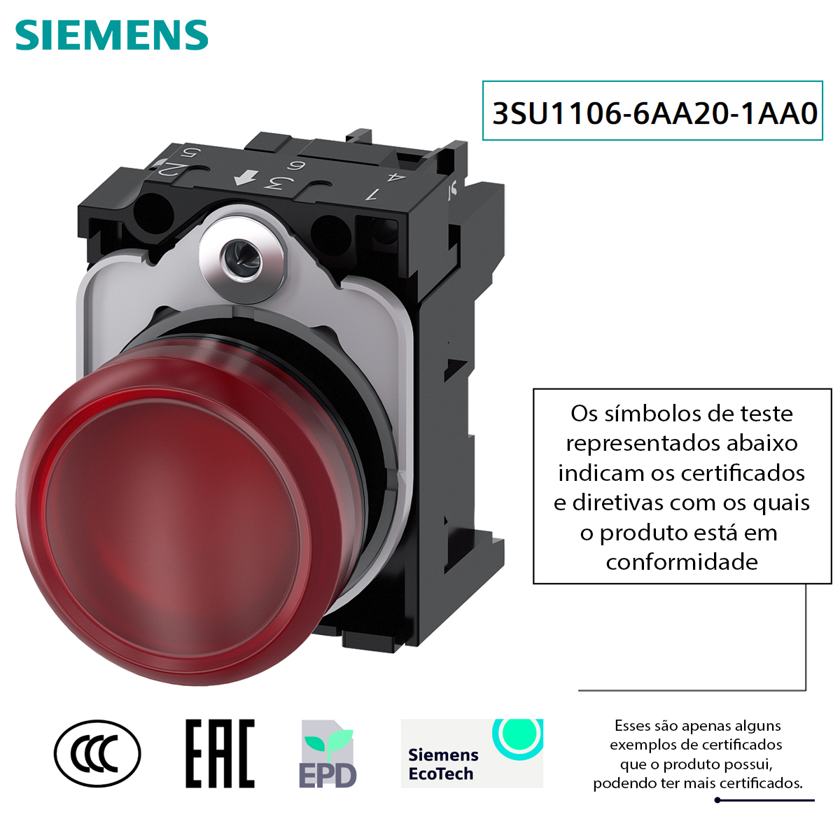Sinalizador Comando Led Plástico 22mm 230V Vermelho 3SU11066AA201AA0 Siemens