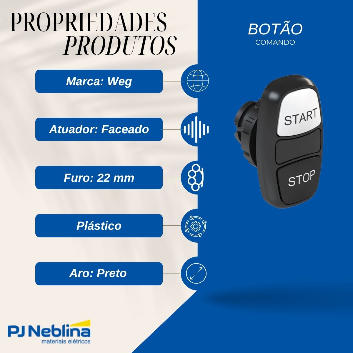 Botão Comando Duplo Pulsador Faceado Redondo 22 mm Plástico Pt/Bc (Start/Stop) - Weg