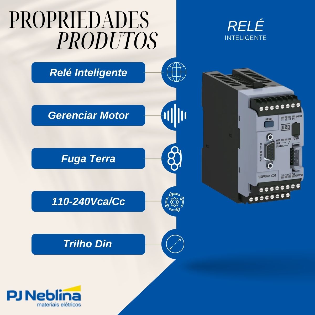 Relé Inteligente Devicenet Gerenciar Motor Entrada 4 Dig 24Vcc-6 Ethernet Prot Els Sensor Fuga Terra 110-240Vca/Cc - Weg