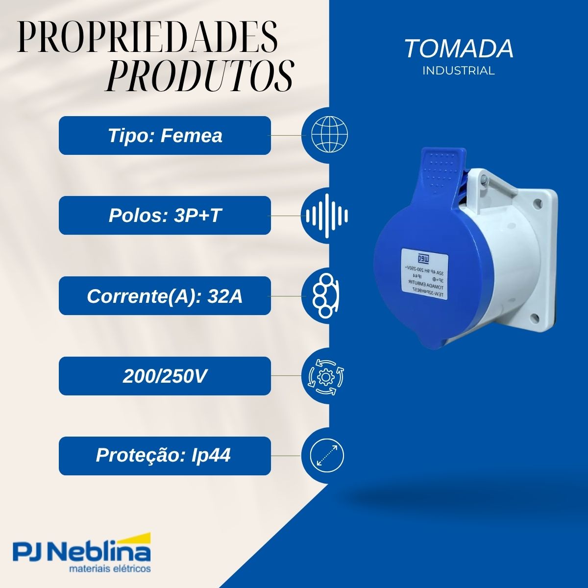 Tomada Industrial Femea Embutir 3P+T 32A 200/250V Az 9H Ip44 - Weg