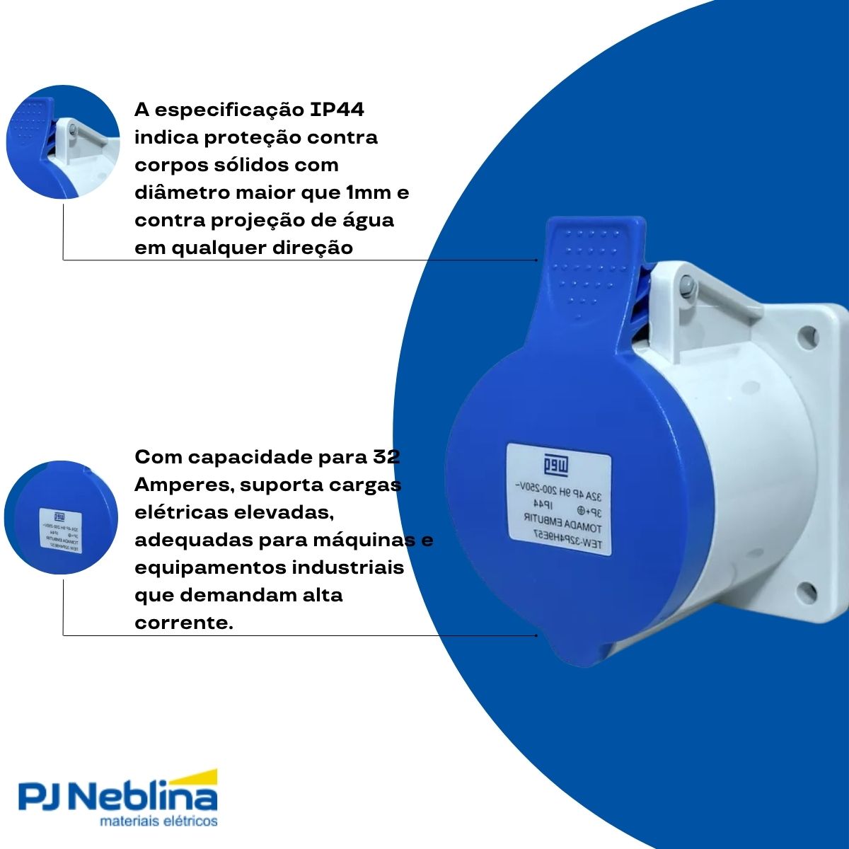 Tomada Industrial Femea Embutir 3P+T 32A 200/250V Az 9H Ip44 - Weg