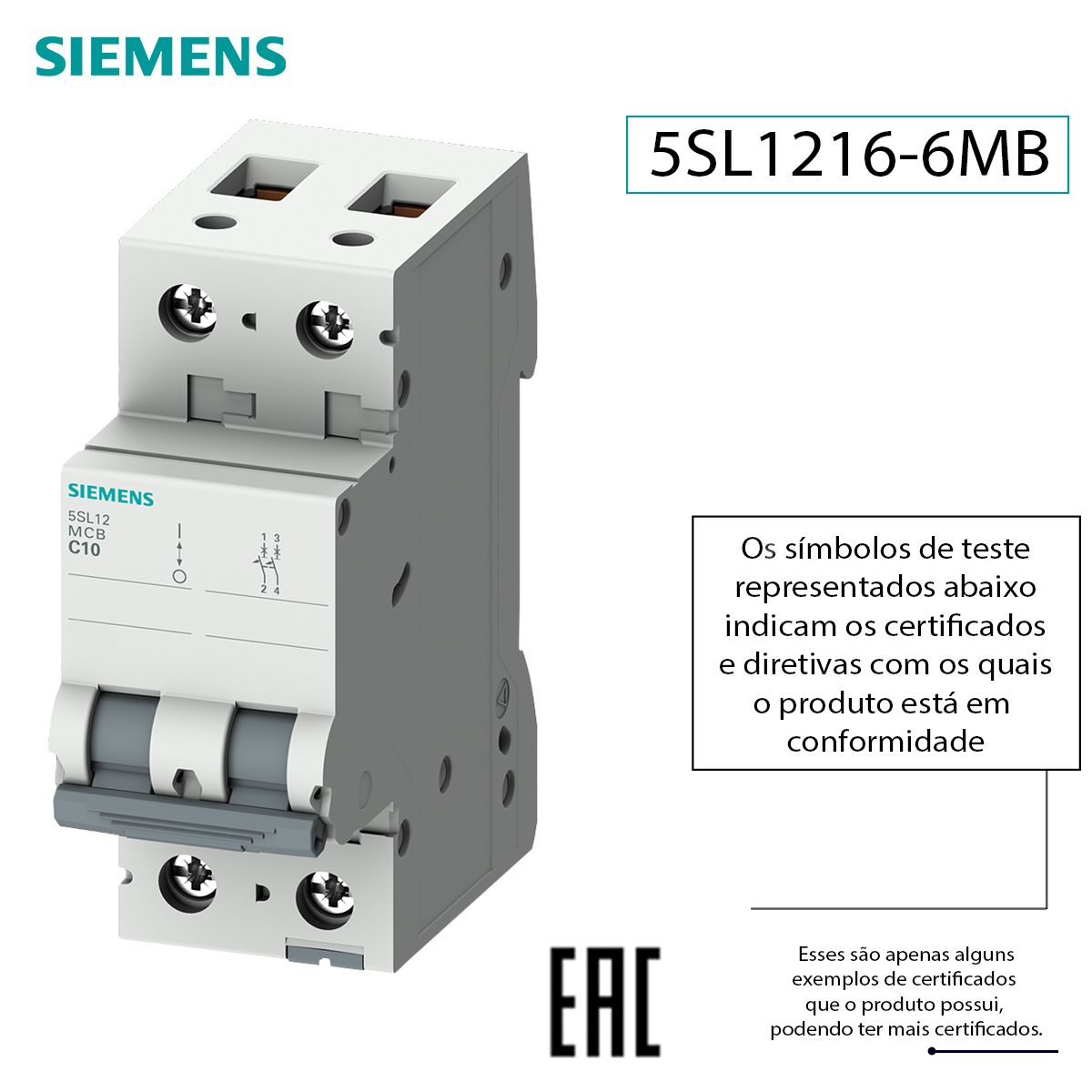Disjuntor Mini Din Bipolar 16A Curva B 4,5Ka 220/380V 5SL12166MB Siemens