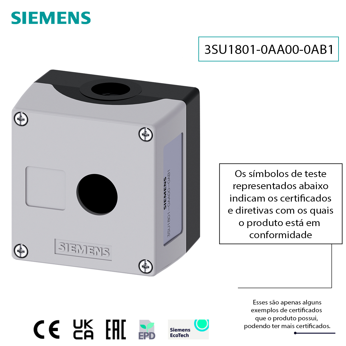 Botoeira Comando Vazia 1 Furo 22Mm Plástico Cinza IP66/IP67/IP69/IP69K 3SU18010AA000AB1 Siemens
