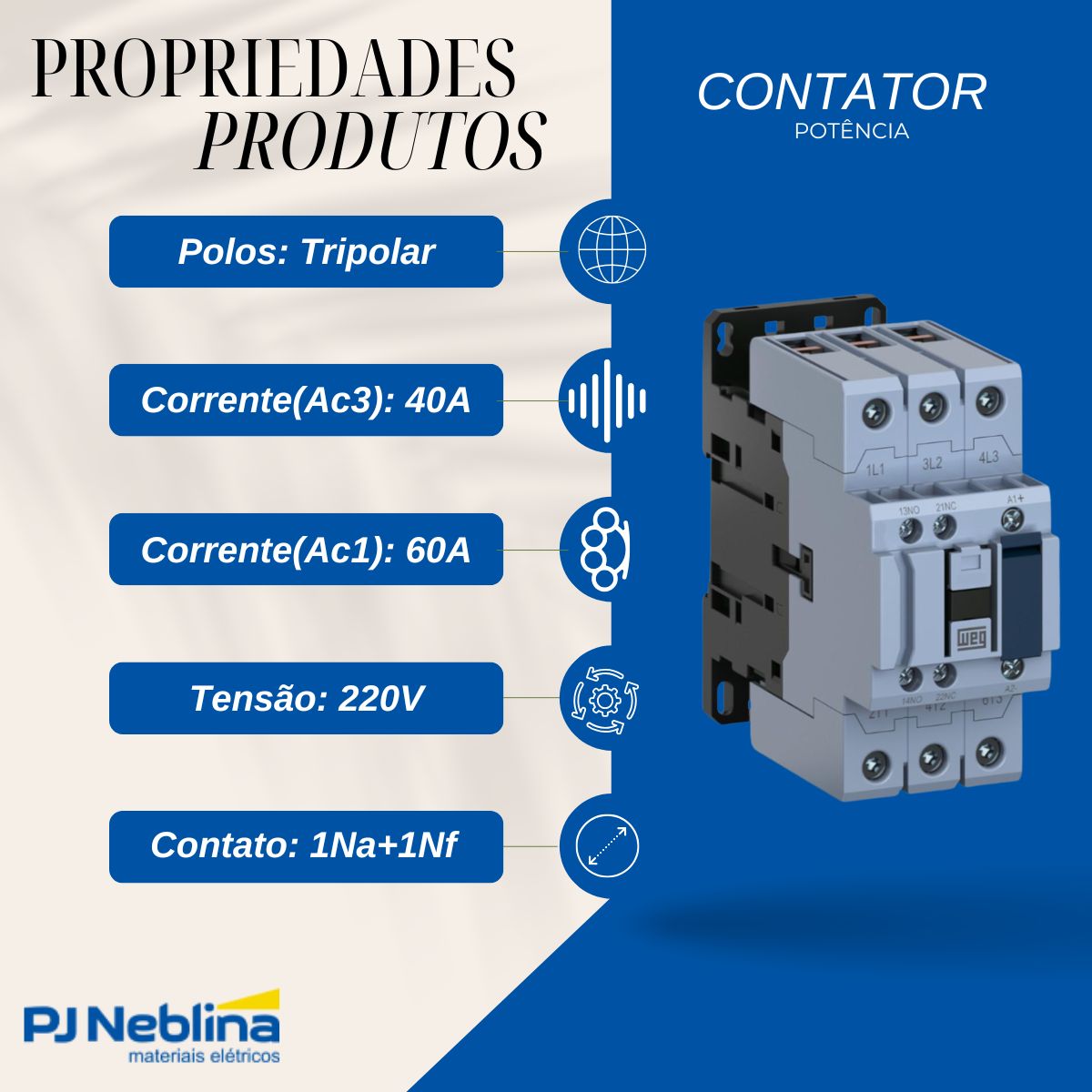 Contator Potência Tripolar 40A 220V 1Na+1Nf 50/60Hz - Weg