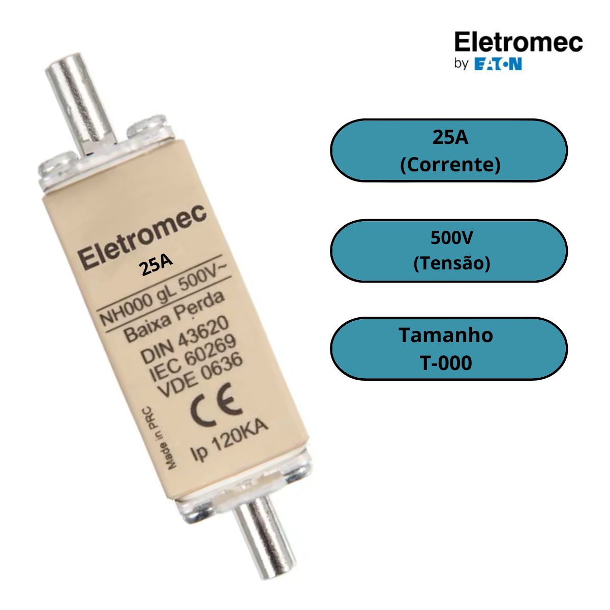 Fusível Nh Retardado Gg/Gl 25A 500V 120Ka T-000 NH000GL025C - Eletromec