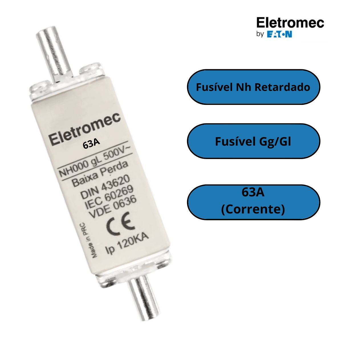 Fusível Nh Retardado T-000 gL/gG 63A 500Vca 120kA NH000GL063C - Eletromec