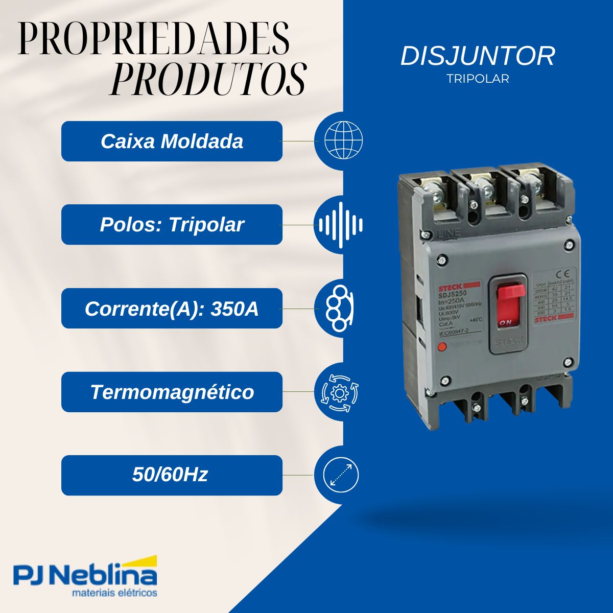 Disjuntor Caixa Moldada Tripolar 350A 50Ka 400/415V 50/60Hz - Steck