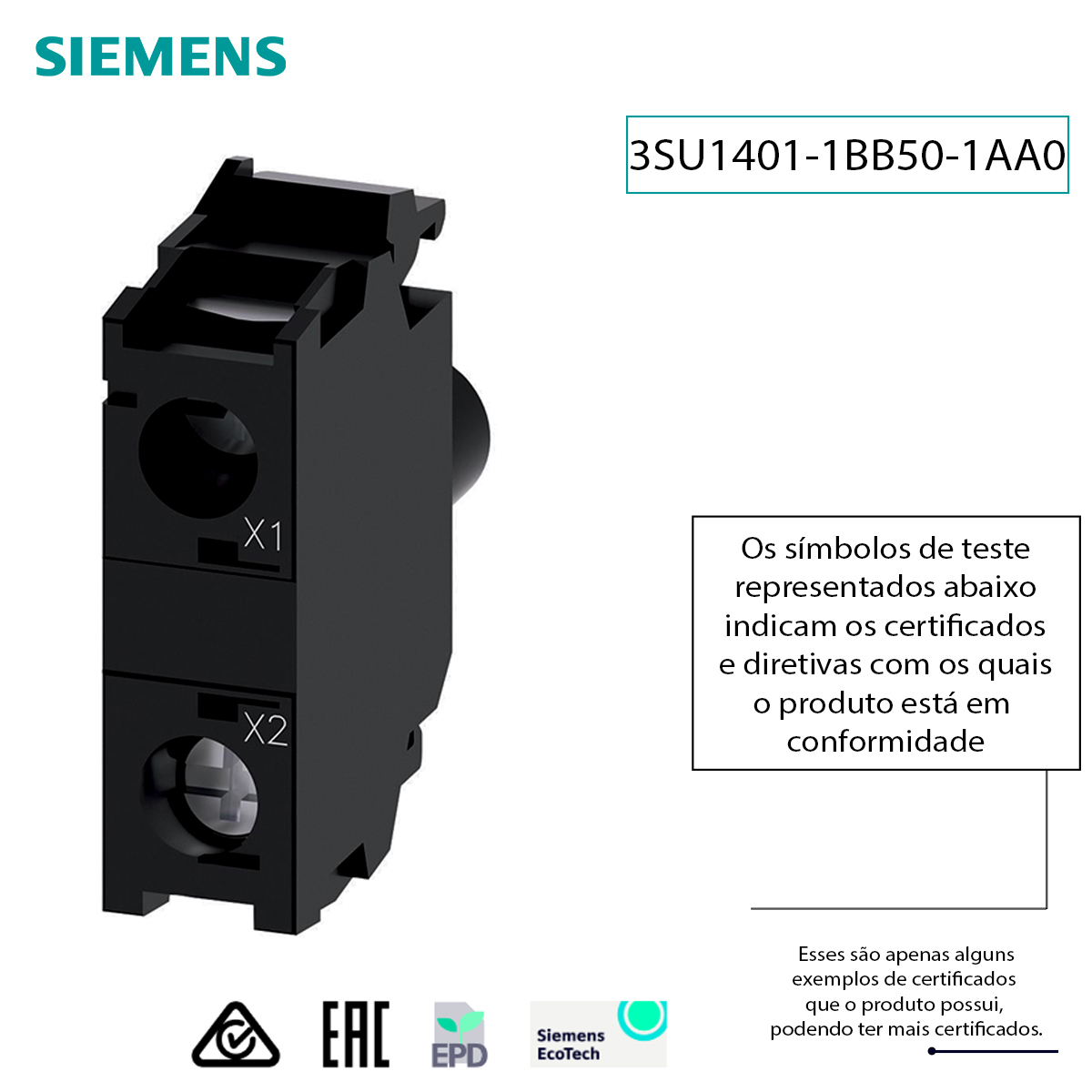 Bloco De Contato Iluminado Led Para Botão/Sinaleiro 24Vca/Cc Azul 3SU14011BB501AA0 Siemens