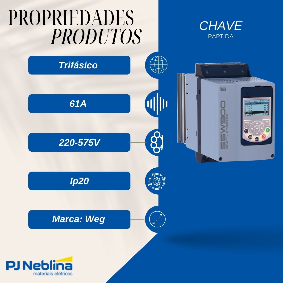 Chave Partida Softstarter Trifásico 61A 220-575V 45Kw Ip20 - Weg