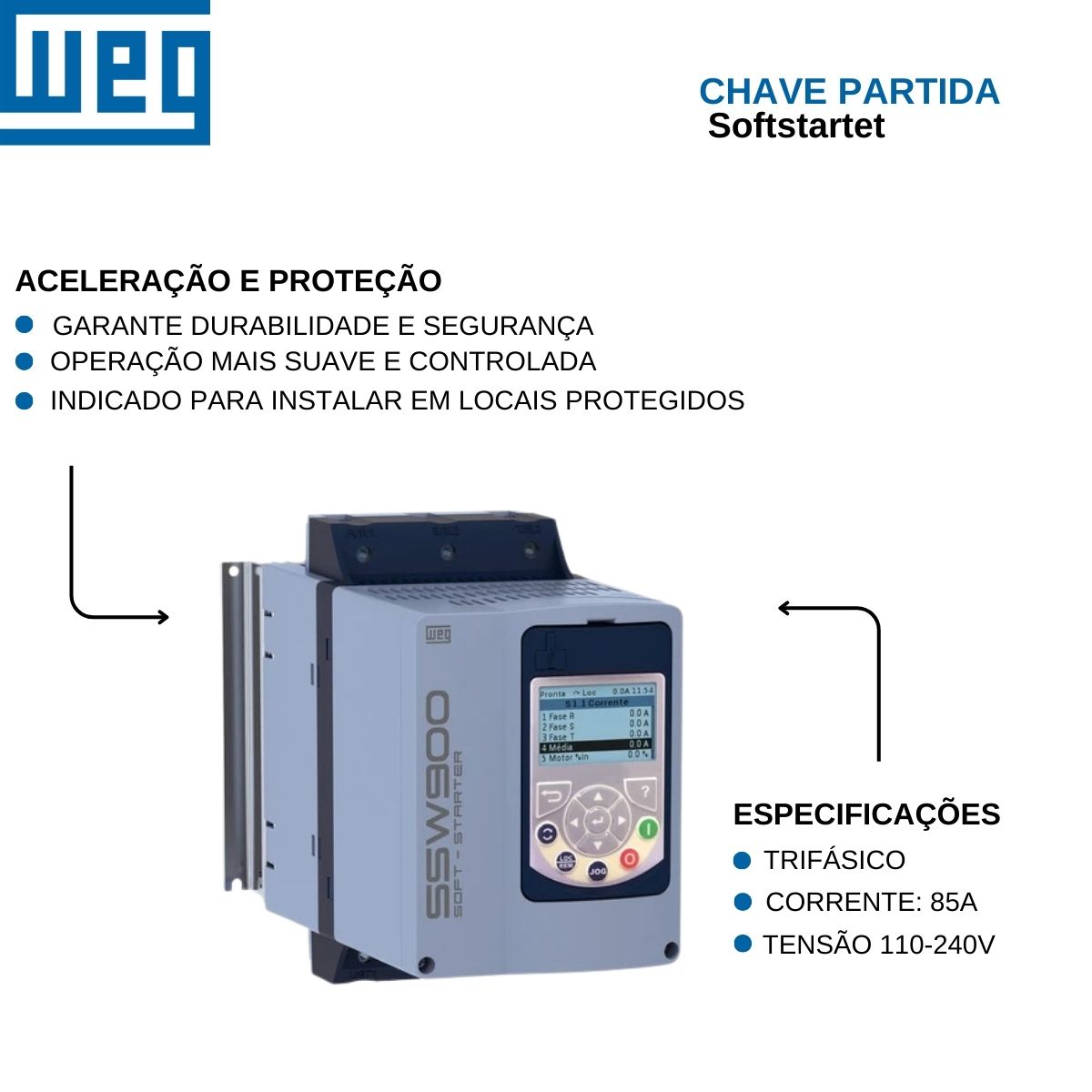 Chave Partida Softstarter Trifásico 85A 110-240V 55Kw Ip20 12956628 Weg