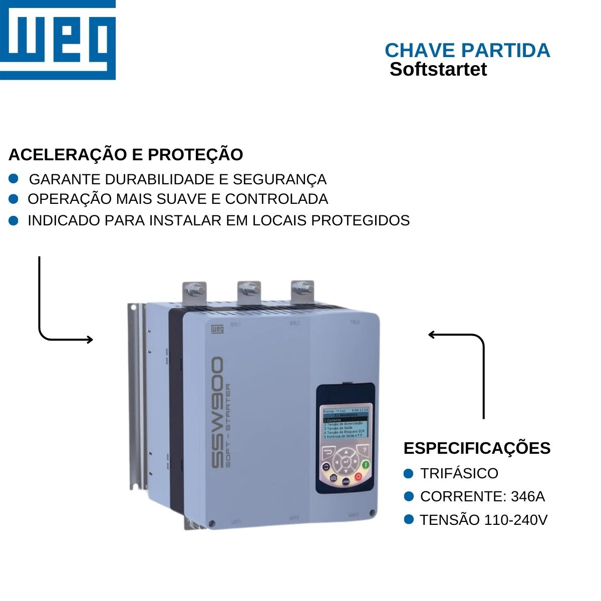 Chave Partida Softstarter Trifásico 346A 110-240V 260Kw Ip00 12960989 Weg