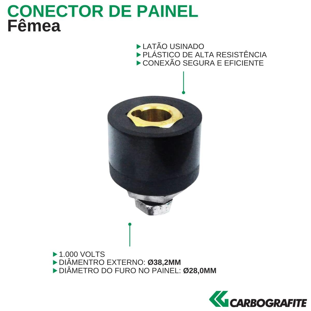 Conector Painel Fêmea Borracha/Latão 1 Polo 500A Preto Carbografite