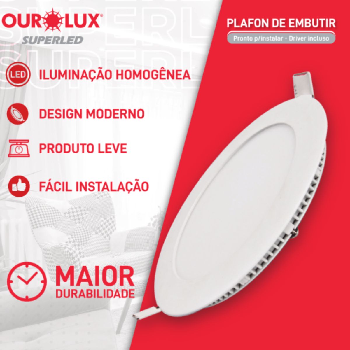 Luminária Plafon Led Embutir 12W Bivolt 6400K Luz Branca Com Driver - Ourolux