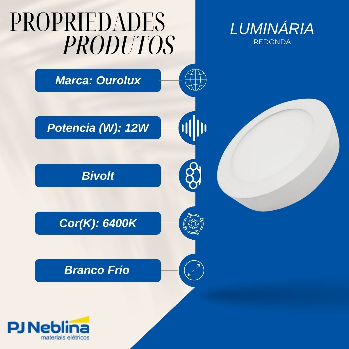 Luminária Plafon Led Sobrepor Redondo Branco 12W Bivolt 6400K Branco Frio - Ourolux