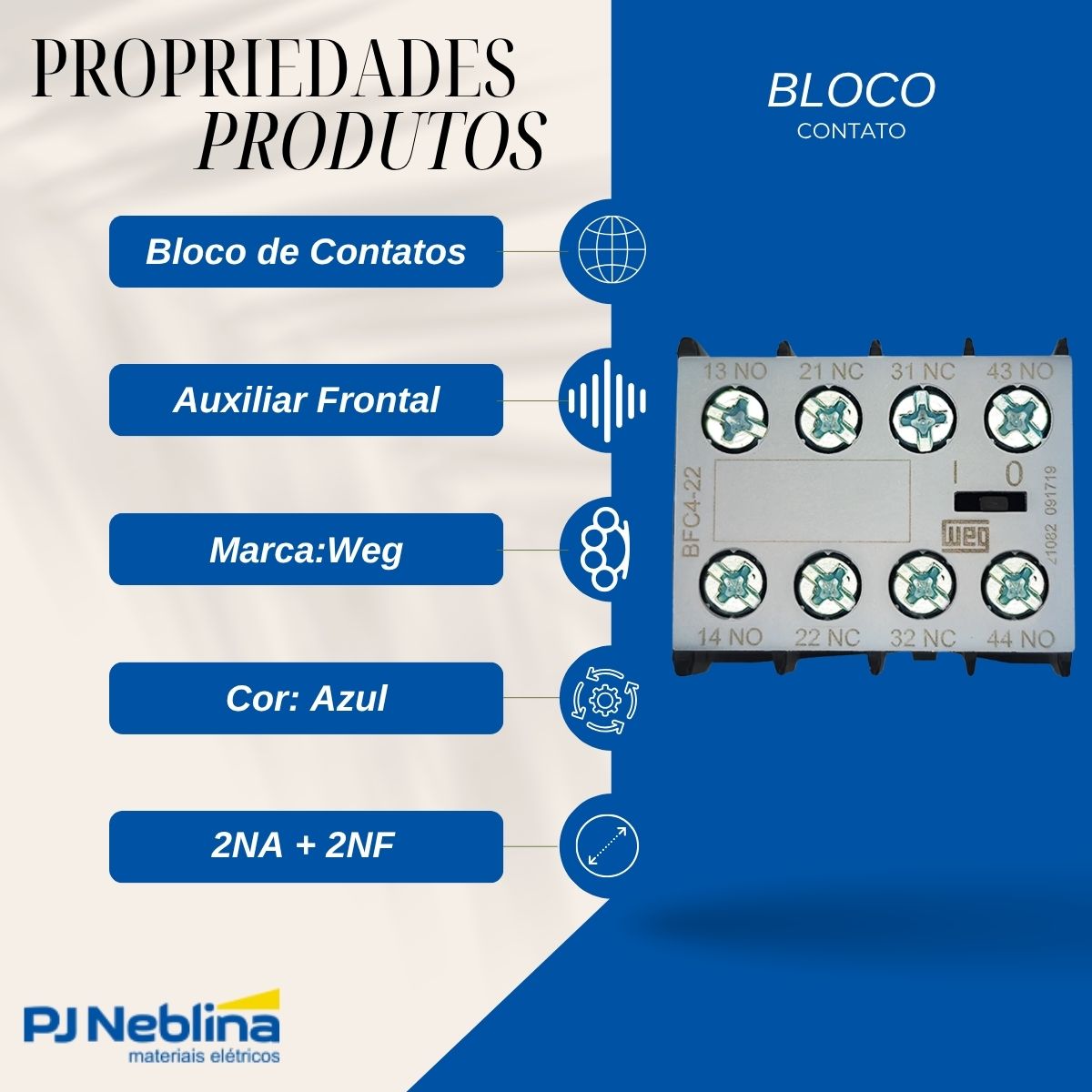 Bloco Contatos (Azul) Auxiliar Frontal 2Na+2Nf Tetrap P/Contator Cwc07-16 - Weg