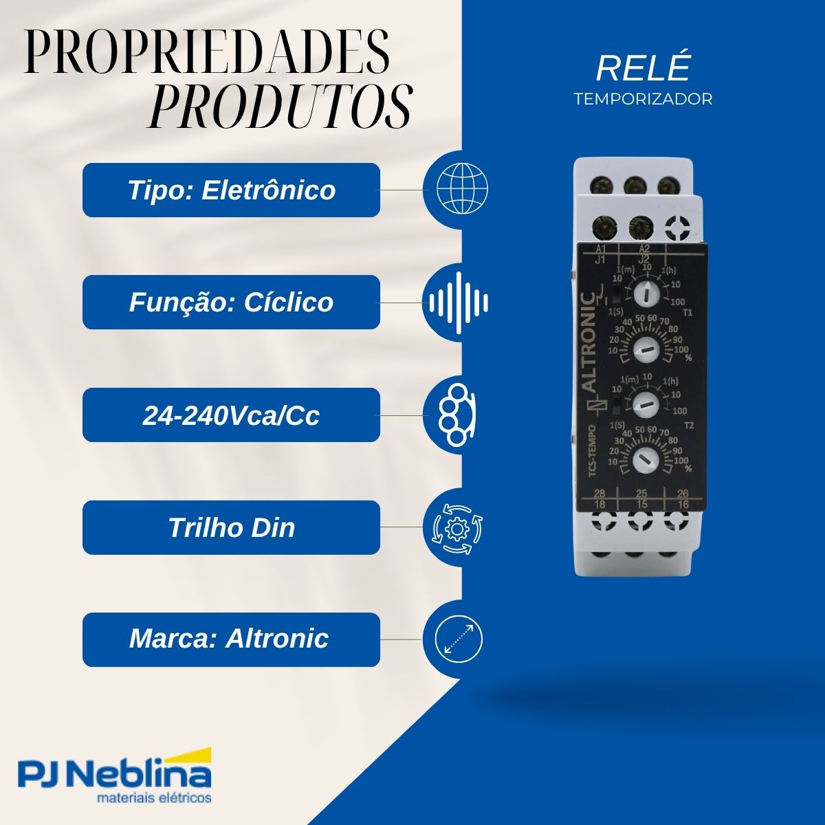Relé Temporizador Eletrônico Cíclico 0,1Seg-100H 1 Spdt (1Naf) 24-240Vca/Cc - Altronic