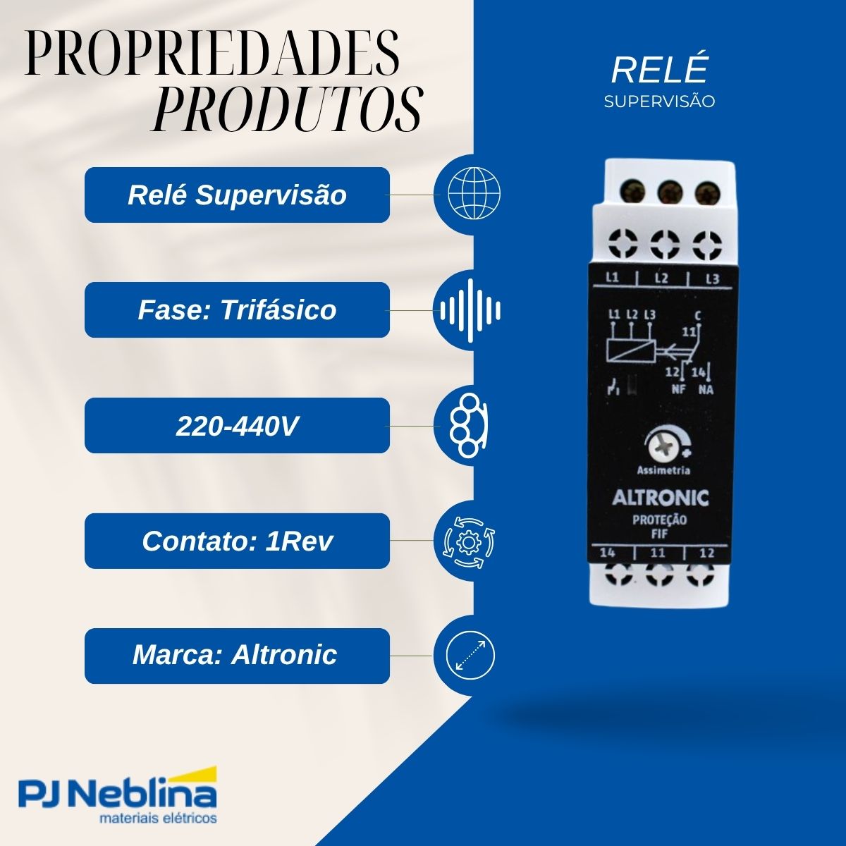 Relé Supervisão Trifásico Falta Seq Fase Assimetria Modular S/Neutro 220-440V 1Rev (Spdt) - Altronic