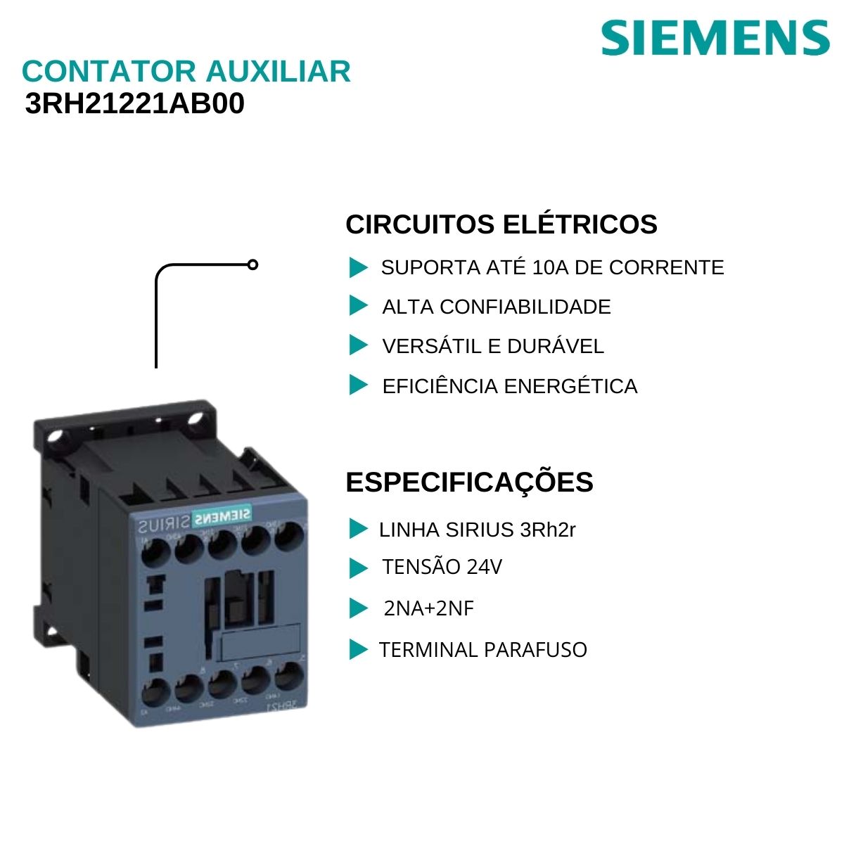 Contator Auxiliar 10A 24V 2Na+2Nf 50/60Hz 3RH21221AB00 - Siemens