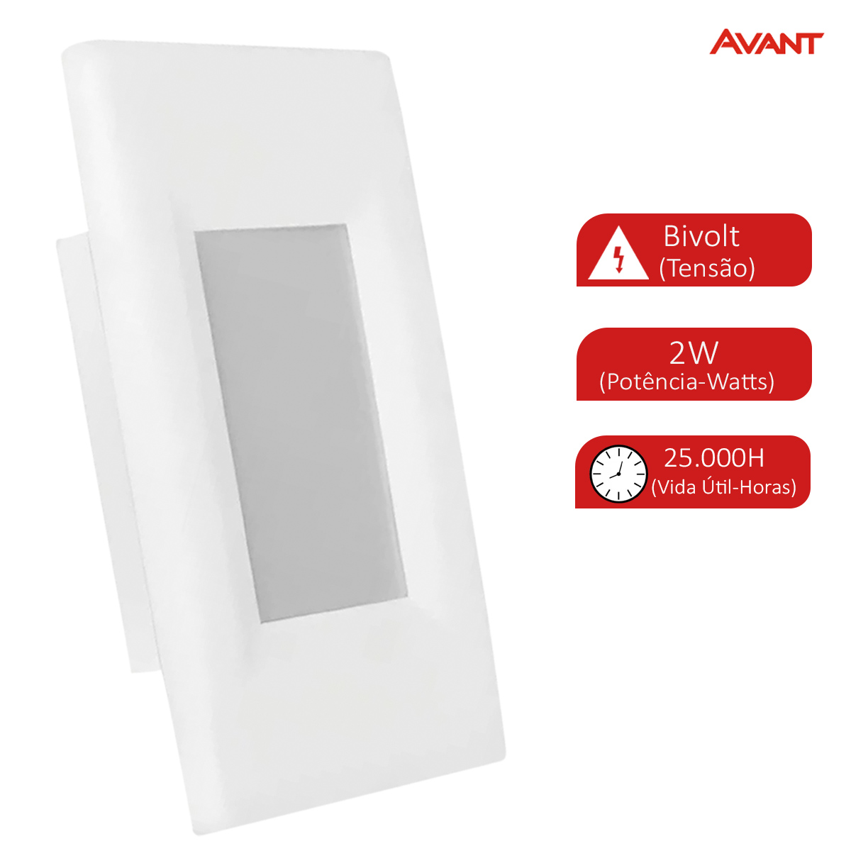 Luminária Balizador Led Embutir Retangular Branco 2W Bivolt 3000L Luz Amarela 120Lm Difusor Policarbonato Avant