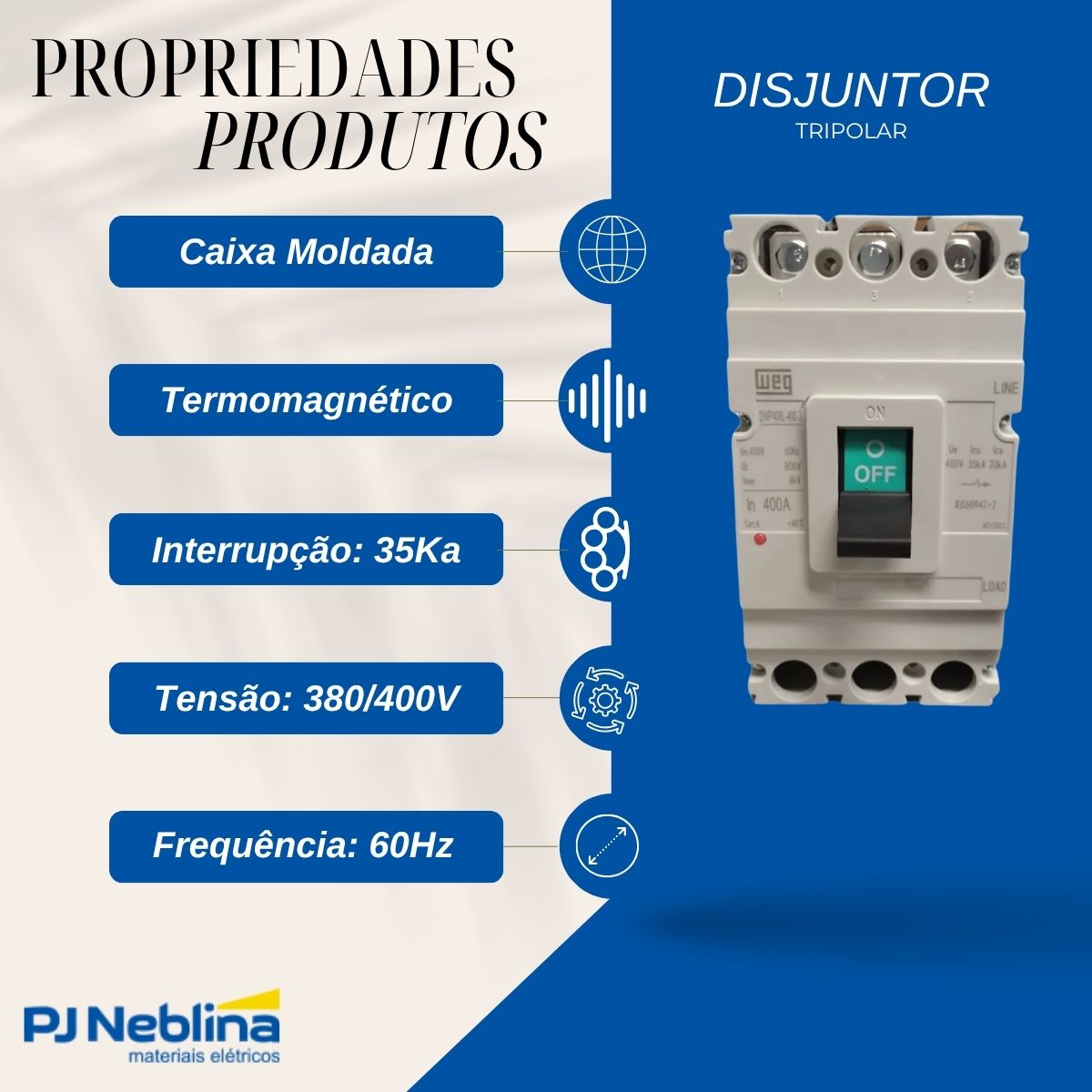 Disjuntor Caixa Moldada Tripolar 400A 35Ka 380/400V 60Hz - Weg