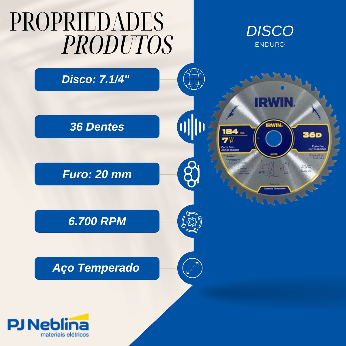 Disco Serra Circular 7.1/4 (184Mm) 36 Dentes 20Mm P/Madeira 6700Rpm - Irwin