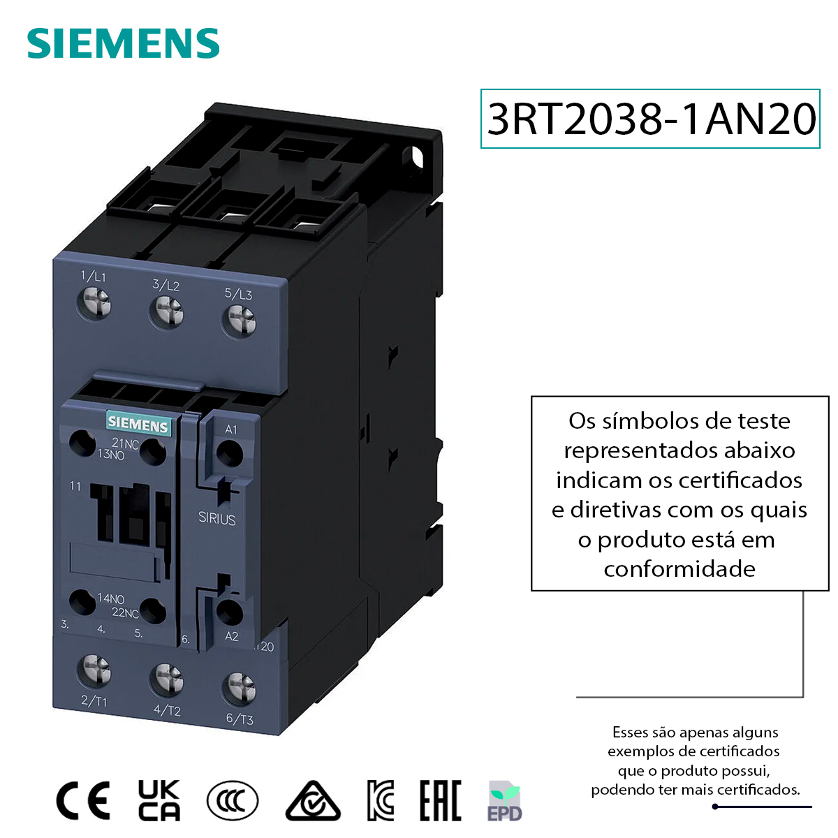 Contator De Potência Tripolar 80A 220V 1Na+1Nf 50/60Hz 3RT20381AN20 Siemens