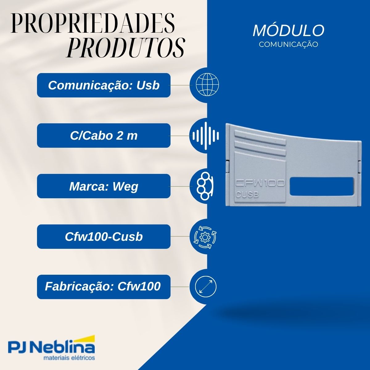 Módulo Comunicação Inversor Usb Cfw100 C/Cabo 2M - Weg