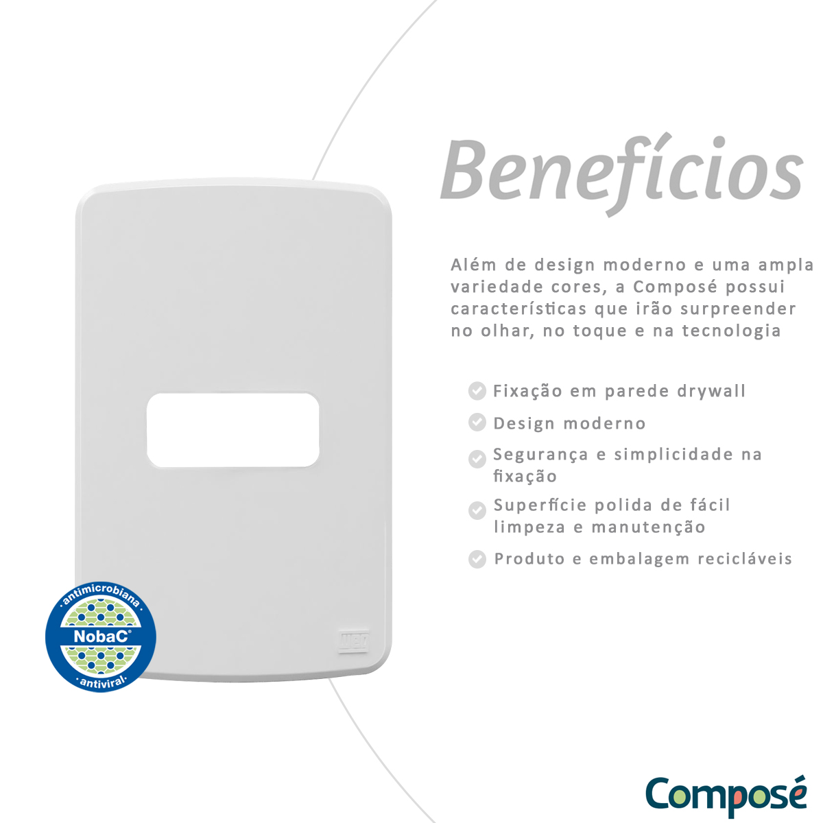 Placa Acabamento 4x2 1 Posto Horizontal Branco Antimicrobiana Composé Nobac Weg