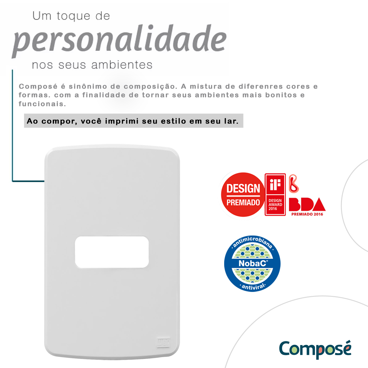 Placa Acabamento 4x2 1 Posto Horizontal Branco Antimicrobiana Composé Nobac Weg