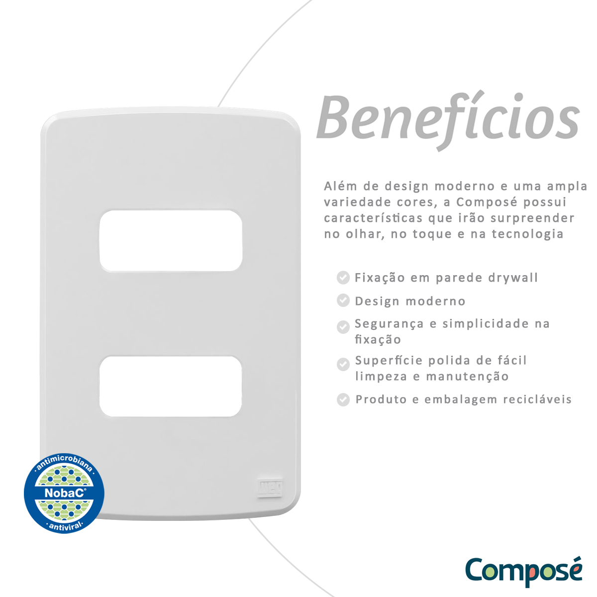 Placa Acabamento 4x2 2 Postos Branco Composé Nobac Antimicrobiana 13777040 Weg