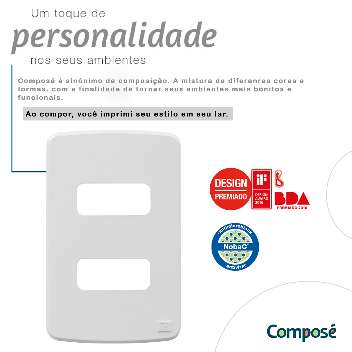 Placa Acabamento 4x2 2 Postos Branco Composé Nobac Antimicrobiana 13777040 Weg