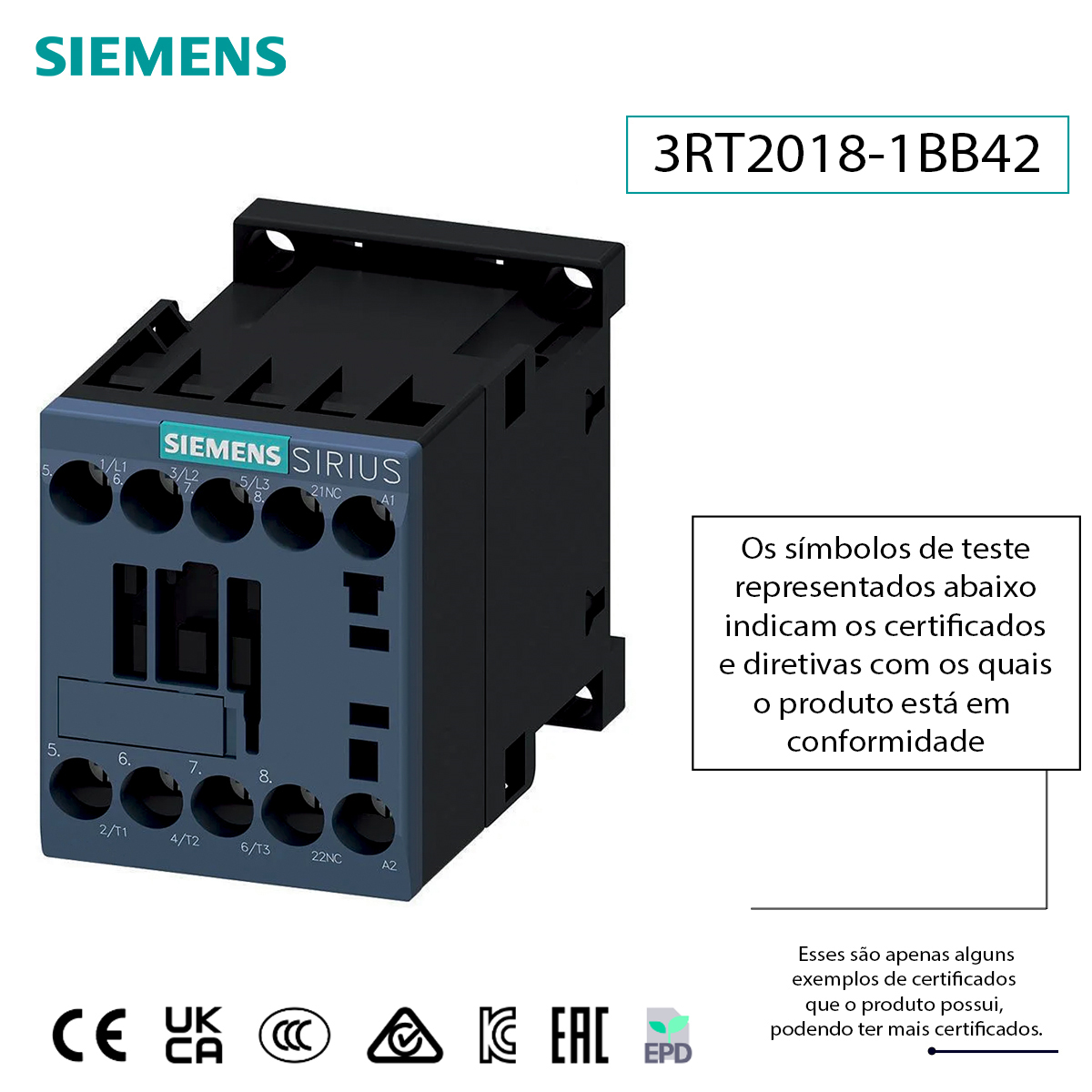 Contator De Potência Tripolar 16A 24Vcc 1Nf 3RT20181BB42 Siemens