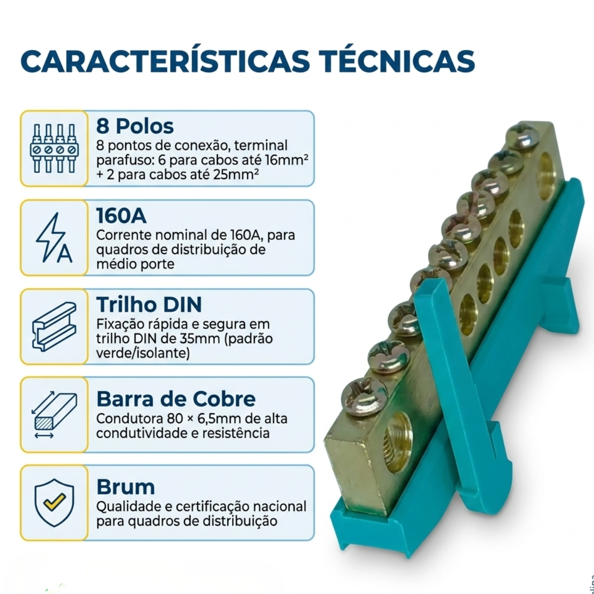 Barra Terra Com Suporte Verde 160A 8P BRT01 - Brum