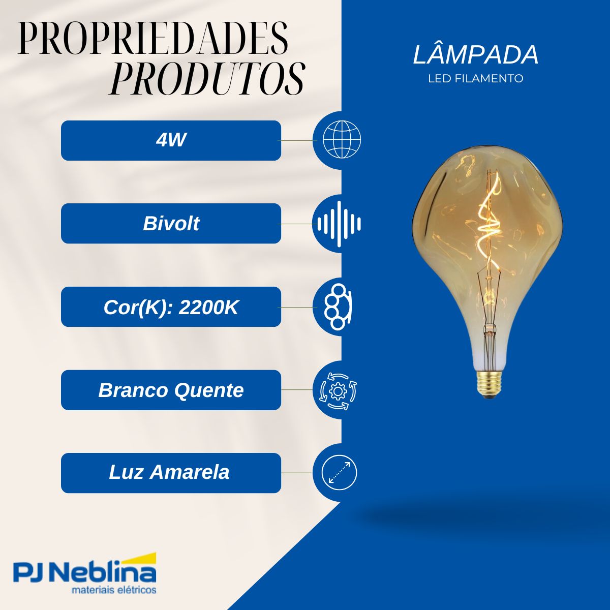 Lâmpada Led Filamento Bulbo Ps52 4W Bivolt E27 2200K Branco Quente Luz Amarela 320Lm - Gmh