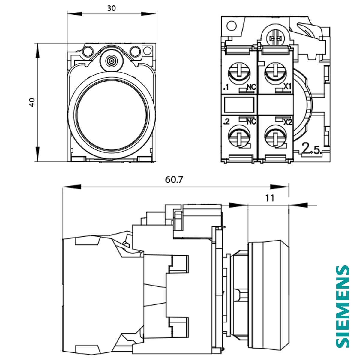 Botão Comando Pulsador Faceado Iluminado Redondo 22mm Plástico Vermelho 1Nf Led 24Vca/Cc 3SU11020AB201CA0 Siemens