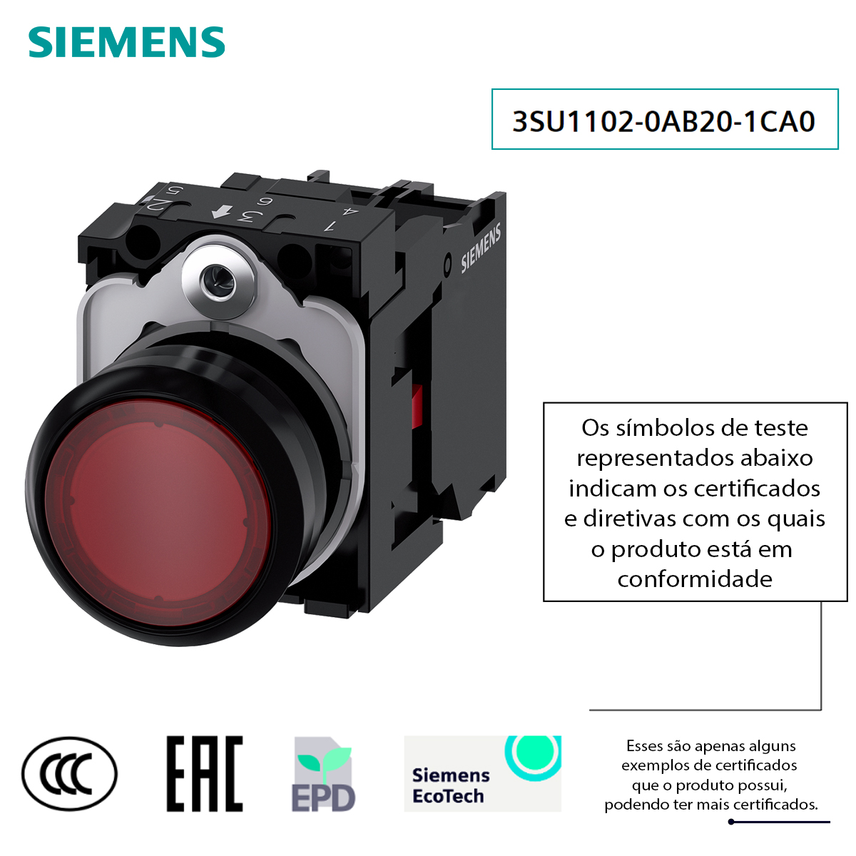 Botão Comando Pulsador Faceado Iluminado Redondo 22mm Plástico Vermelho 1Nf Led 24Vca/Cc 3SU11020AB201CA0 Siemens