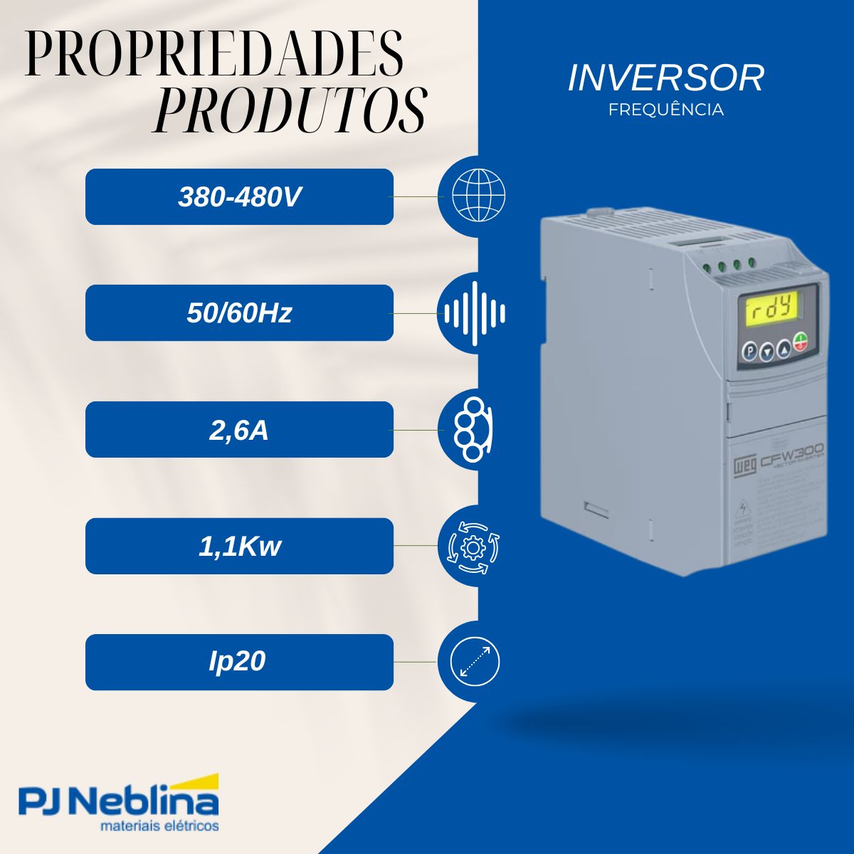 Inversor Frequência Trifásico 380-480V 50/60Hz 2,6A 1,1Kw - Weg