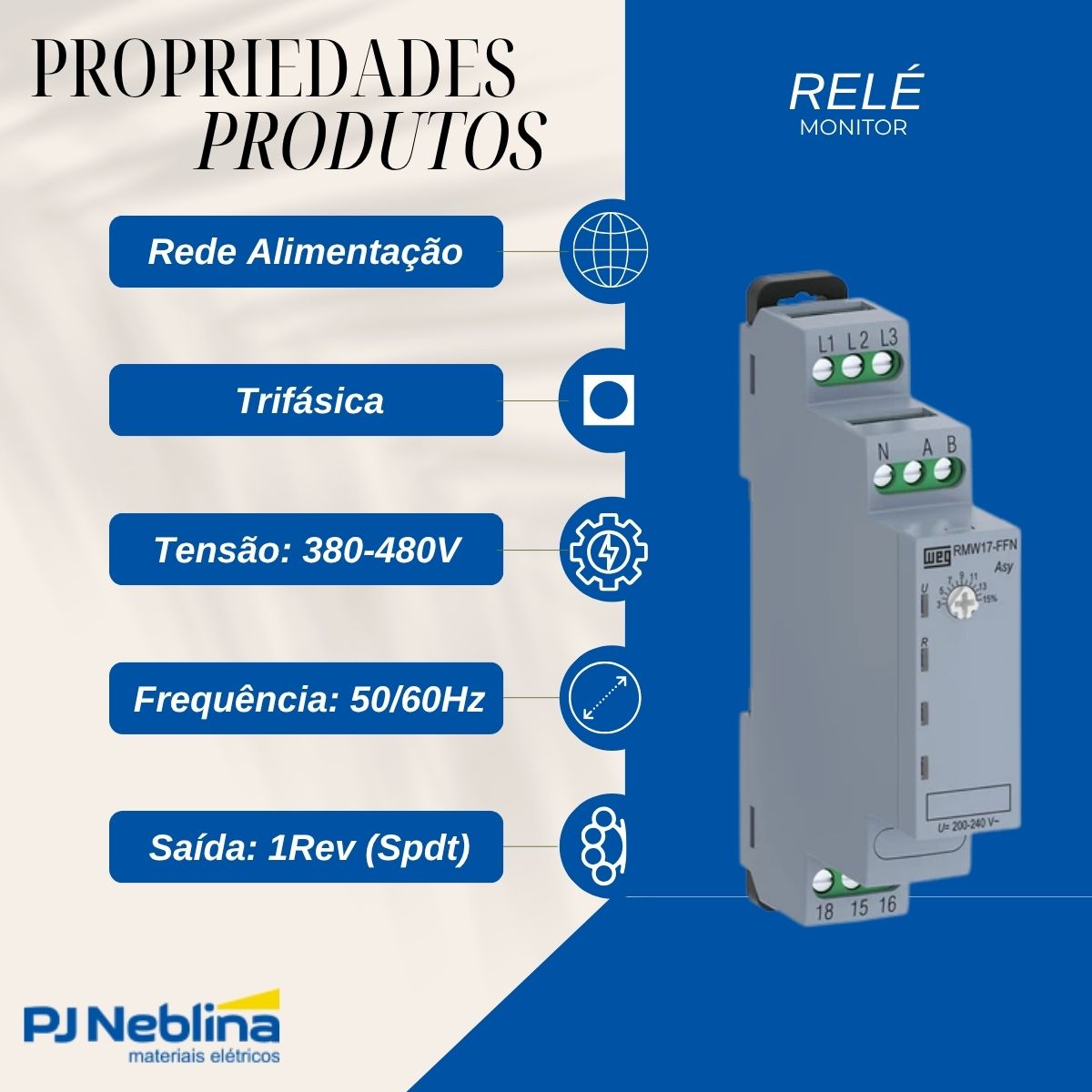 Rele Monitor Rede Alimentação Trifásica 380-480V 1Rev (Spdt) Trilho Din - Weg