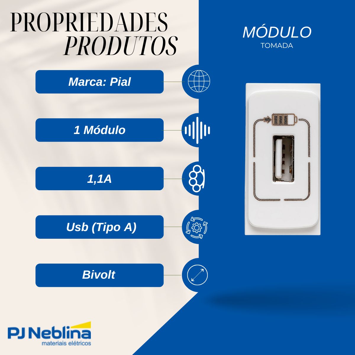 Modulo Tomada Carregador 1 Entrada Usb (tipo A) 1 Mod 1,1a B