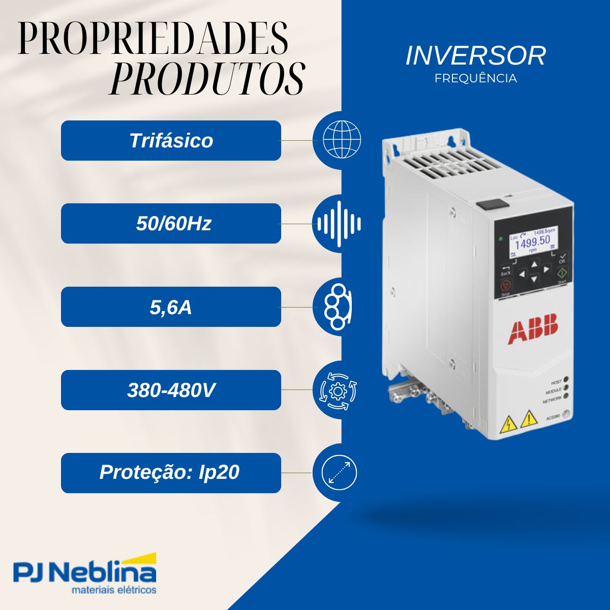 Inversor Frequência Trifásico 380-480V 50/60Hz 5,6A 2,2Kw - Abb