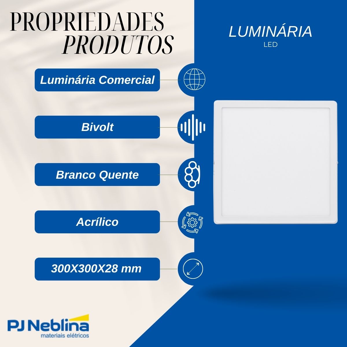 Luminária Painel Led Sobrepor Quadrado Bc 24W Bivolt 3000K Branco Quente 1850Lm Dif Acrílico - Bronzearte