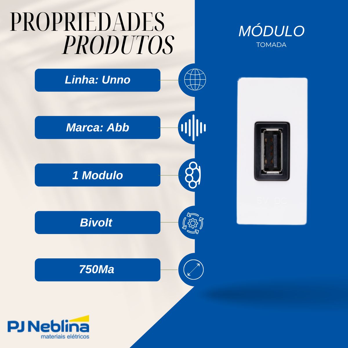 Modulo Tomada Carregador 1 Entrada Usb (Tipo A) 1 Mod 750Ma Bivolt Bc Unno - Abb